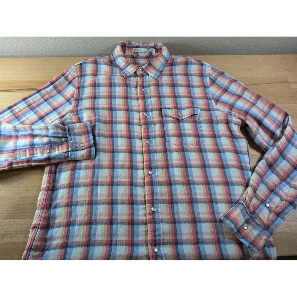 Criquet Flannel Shirt Mens Medium Blue Orange Yellow Plaid Western Pearl Snap